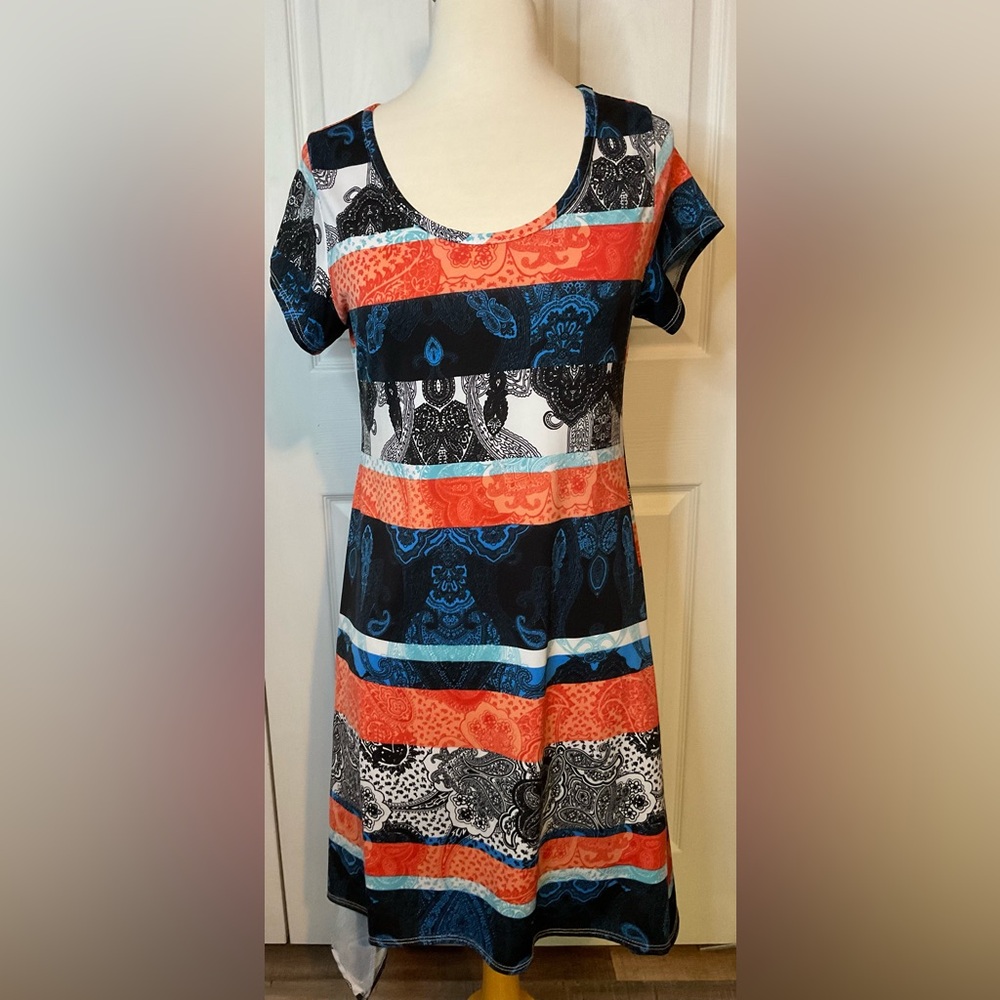 French Atmosphere Orange Blue Short Sleeve Dress Size Medium‎